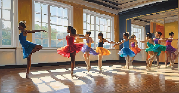 A lively dance studio with diverse dancers practicing a routine, brightly lit with mirrors and wooden floors.