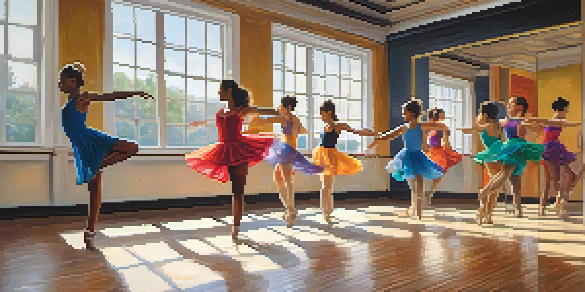A lively dance studio with diverse dancers practicing a routine, brightly lit with mirrors and wooden floors.