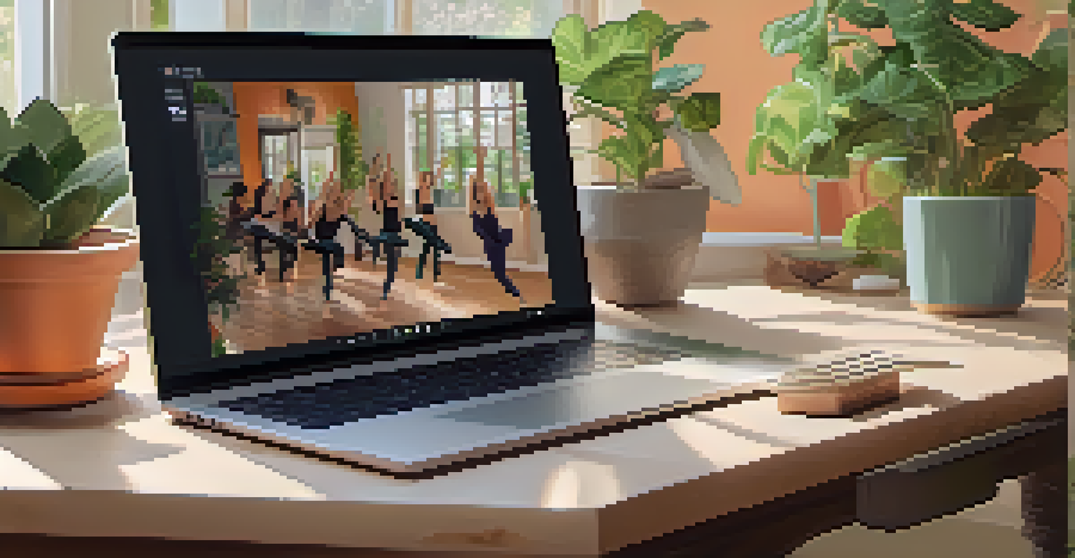 A laptop displaying a virtual dance class with a professional instructor, surrounded by a cozy home environment and engaged participants.