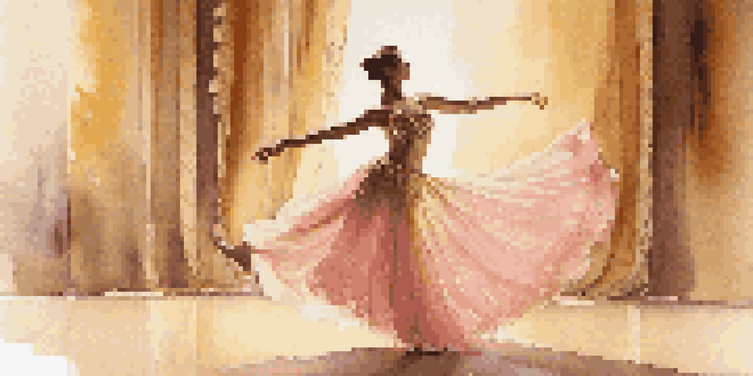 A joyful dancer performing on stage, illuminated by soft lights with a textured costume.