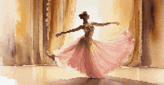 A joyful dancer performing on stage, illuminated by soft lights with a textured costume.