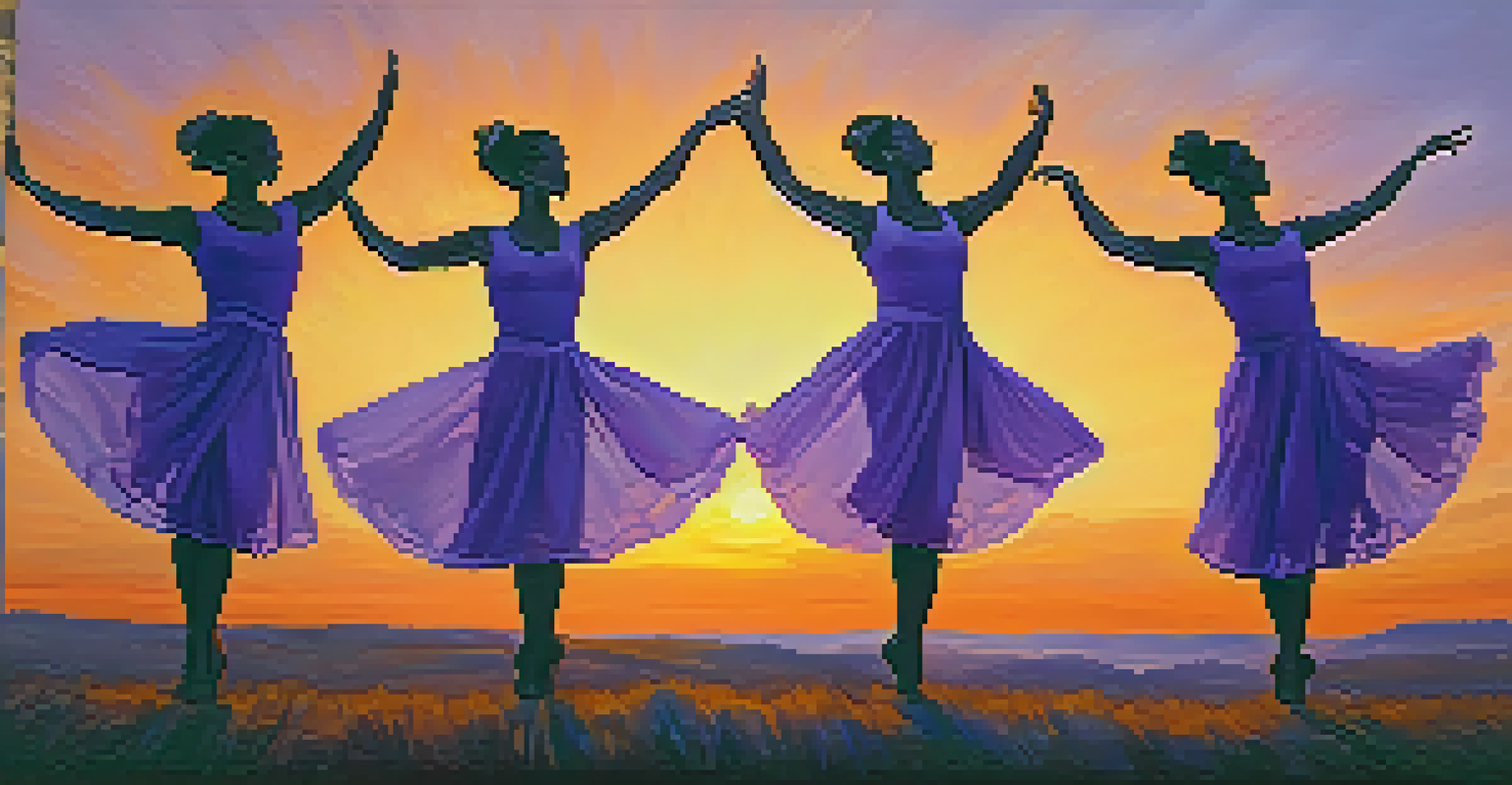 A group of joyful dancers in a circle, arms raised, against a twilight sky with purple and orange hues.