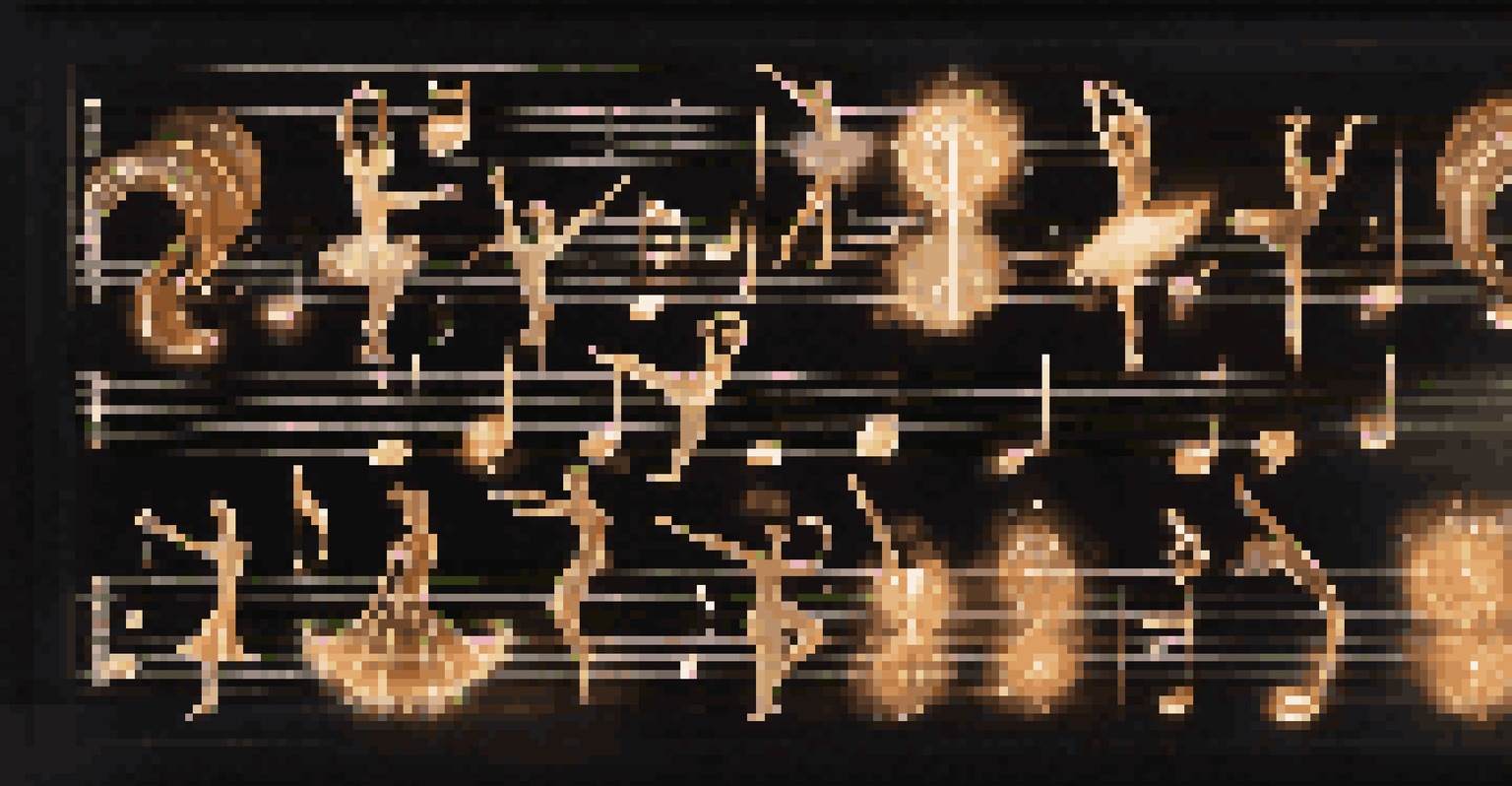 A collection of dance notation symbols illuminated against a dark background, creating an artistic display.