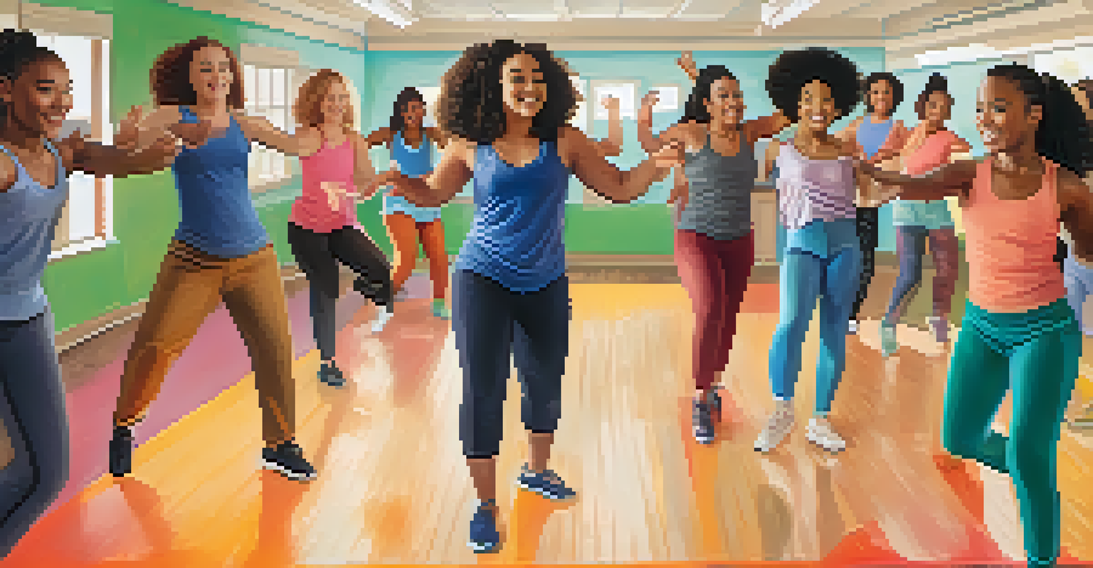 A joyful community dance class with diverse participants learning together, surrounded by colorful murals and a bright atmosphere.