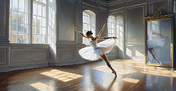 A ballet dancer in a sunlit studio, performing a mid-leap with a white tutu and soft shadows.