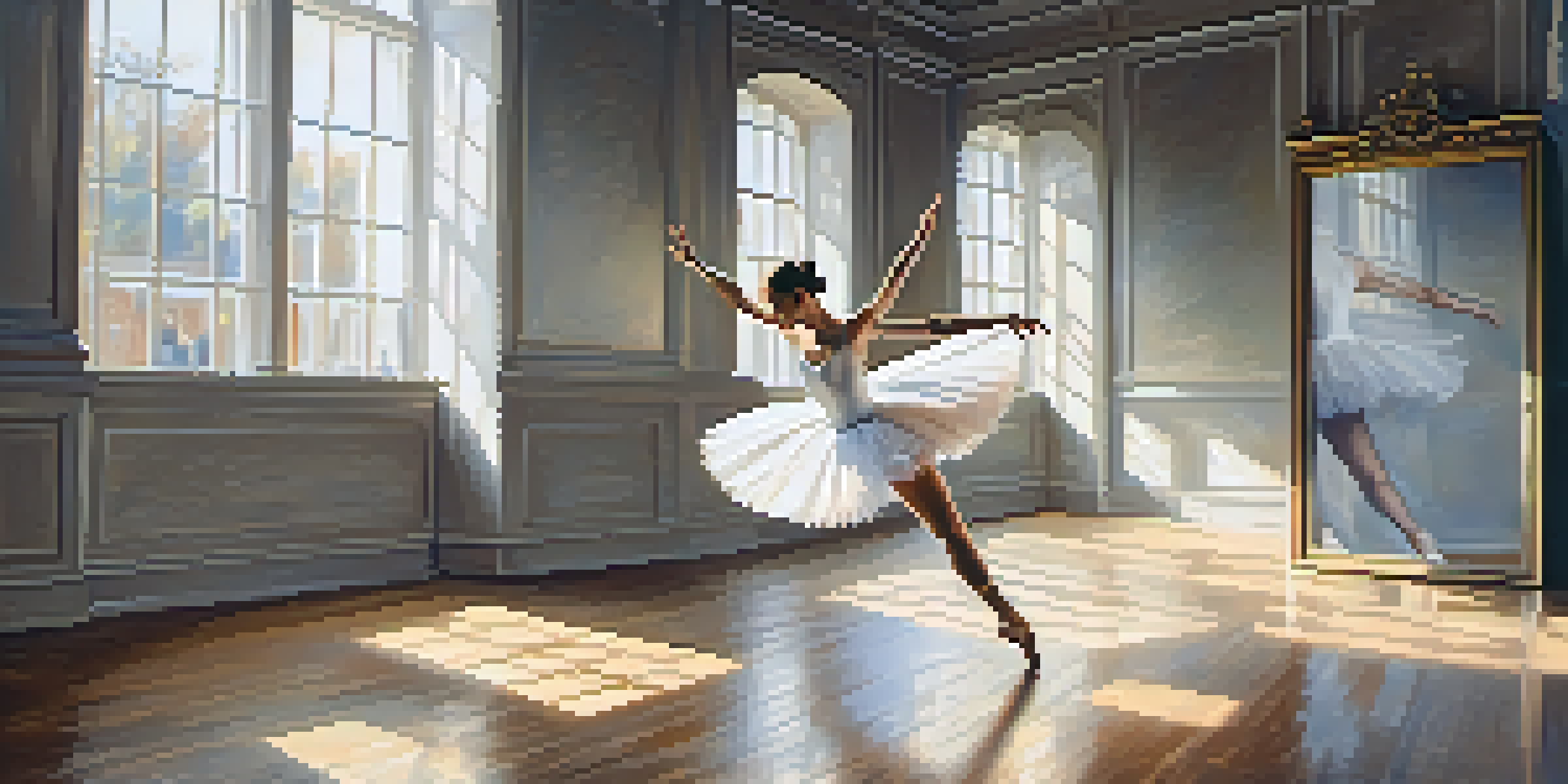 A ballet dancer in a sunlit studio, performing a mid-leap with a white tutu and soft shadows.