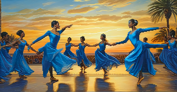 Dancers performing on an outdoor stage during sunset, showcasing vibrant costumes and expressive movements.