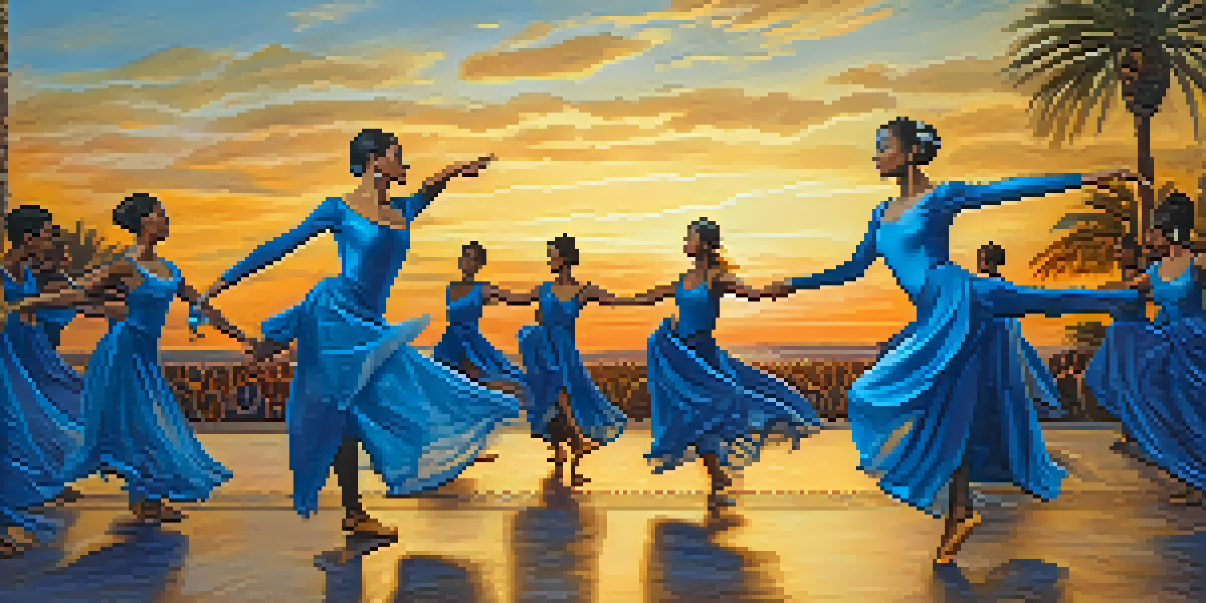 Dancers performing on an outdoor stage during sunset, showcasing vibrant costumes and expressive movements.