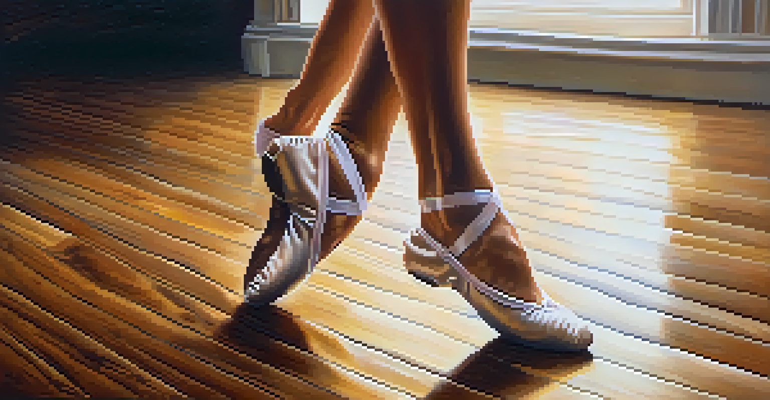 Close-up of a dancer's feet in ballet shoes performing on a polished wooden floor, showcasing intricate footwork.