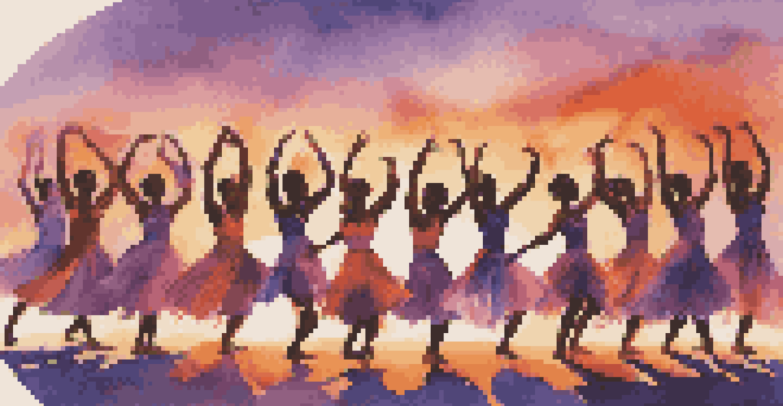 A diverse group of dancers performing outdoors at sunset, showcasing a fusion of dance styles in a circular formation with vibrant colors in the sky.