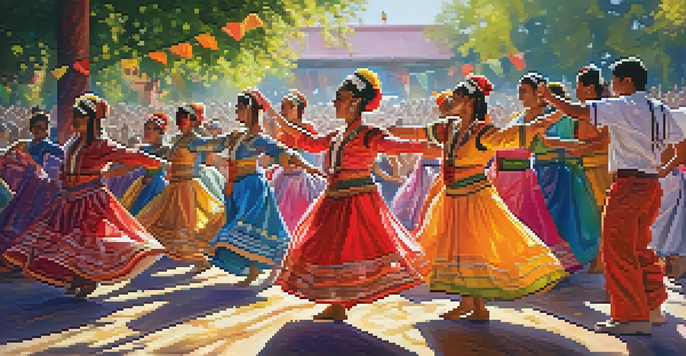 A colorful dance festival with diverse dancers in traditional costumes, surrounded by an enthusiastic crowd and festive decorations.