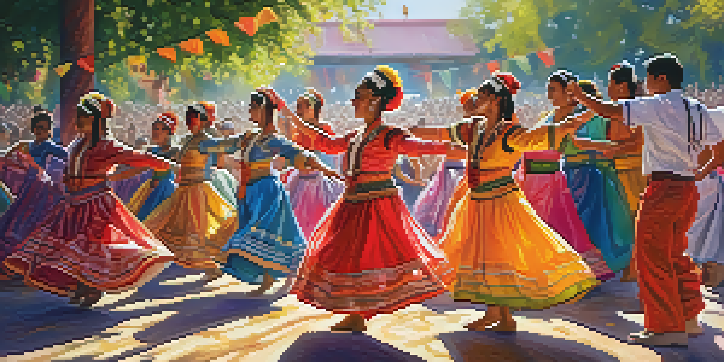 A colorful dance festival with diverse dancers in traditional costumes, surrounded by an enthusiastic crowd and festive decorations.
