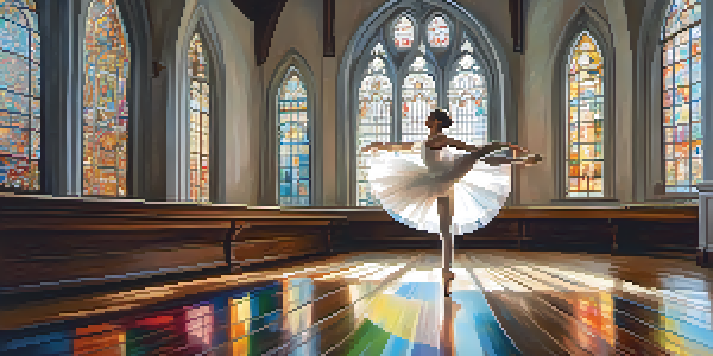 A ballet dancer in a white tutu performing an arabesque in a church with stained glass windows, reflecting colorful light on the floor.