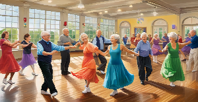 A group of seniors dancing in a bright community center, showcasing joy and coordination in their movements.