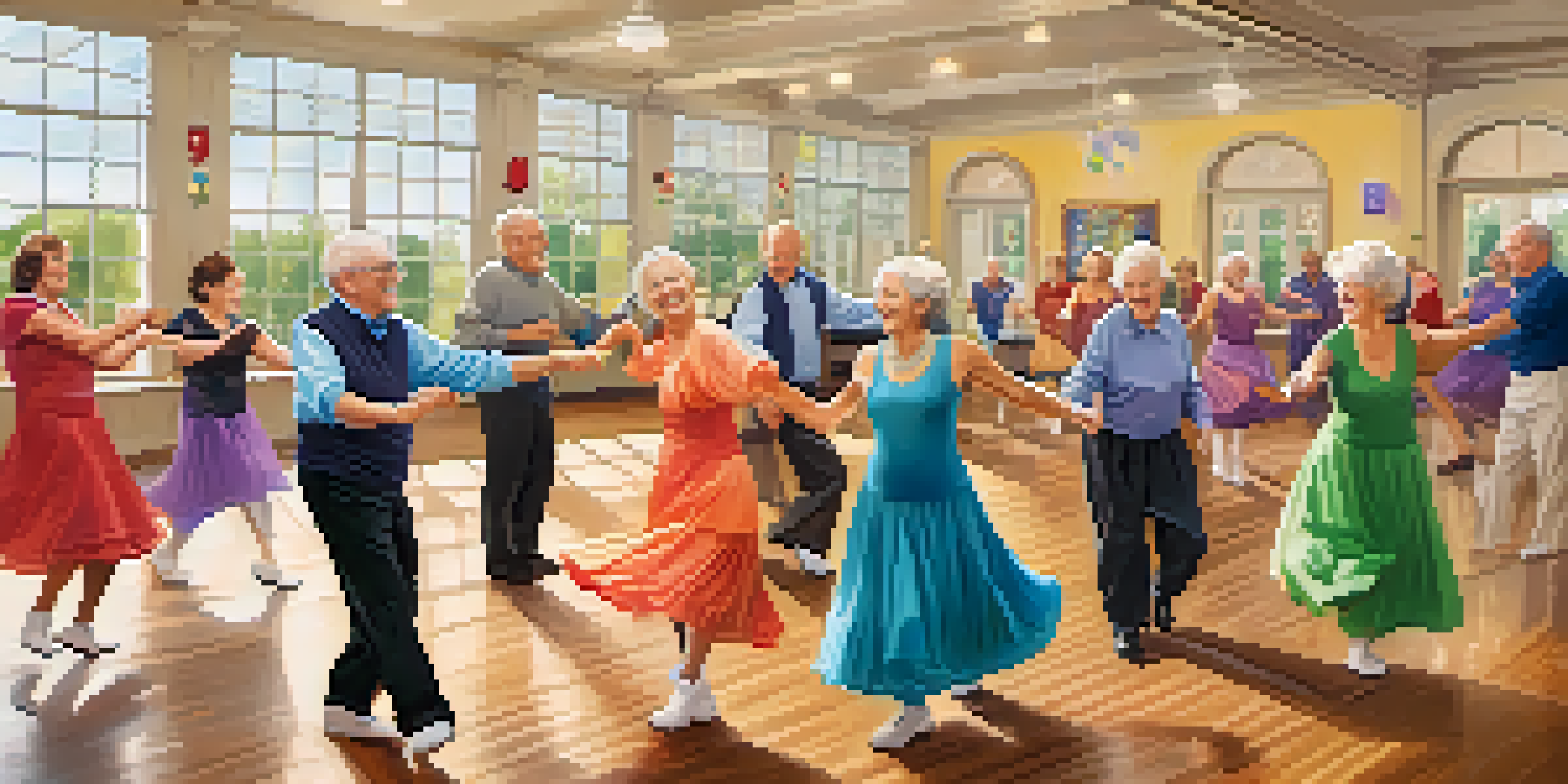 A group of seniors dancing in a bright community center, showcasing joy and coordination in their movements.