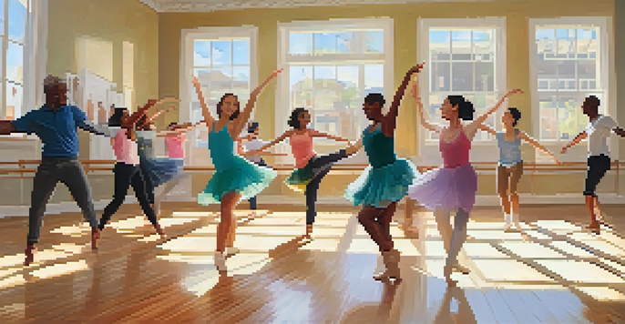 A diverse group of people happily dancing in a bright studio, showcasing various dance styles and interacting with each other.