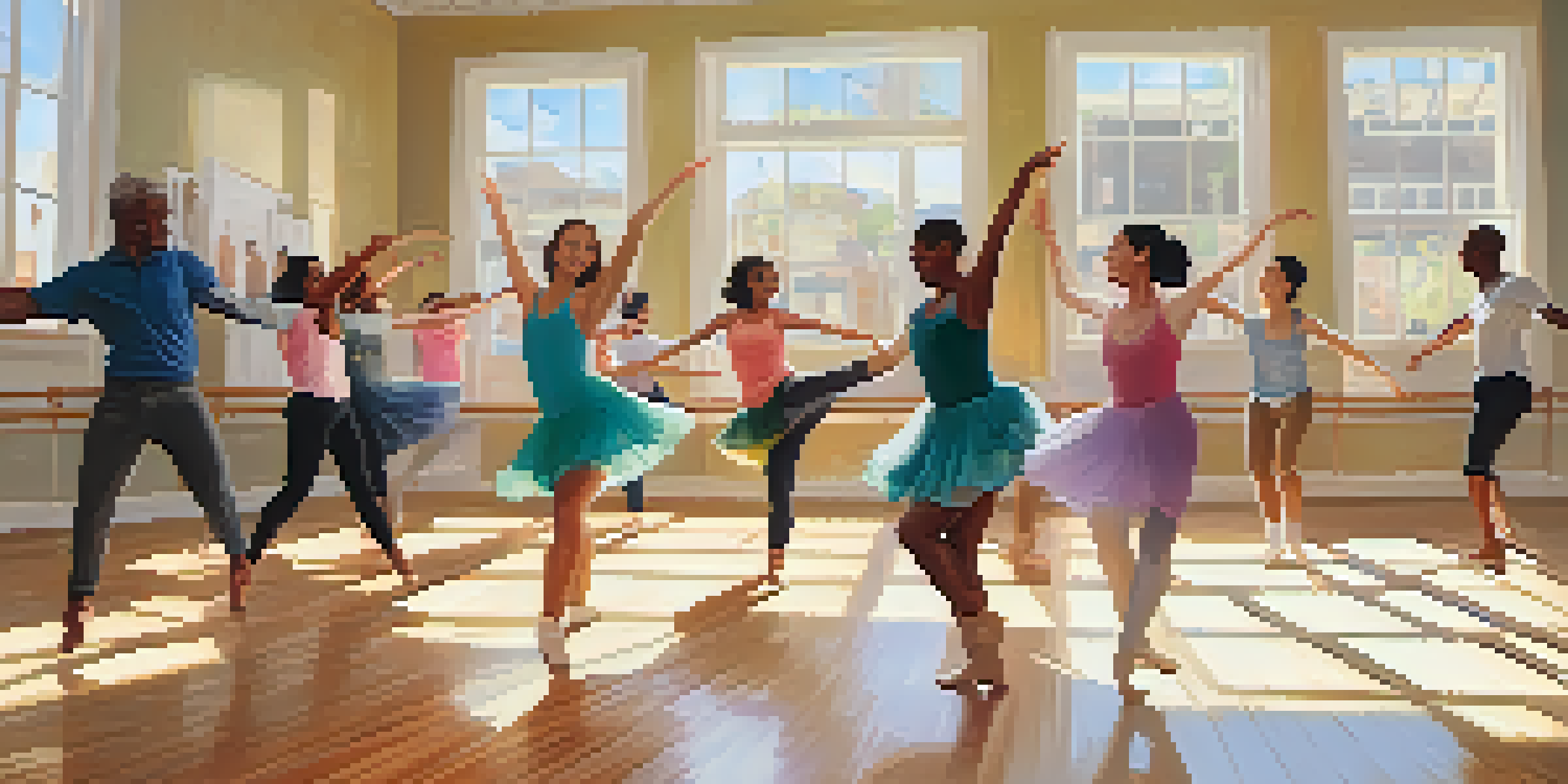 A diverse group of people happily dancing in a bright studio, showcasing various dance styles and interacting with each other.
