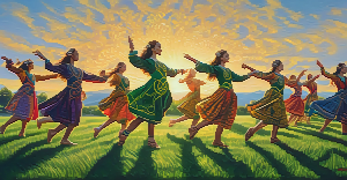 Celtic dancers in traditional attire performing in a green meadow during sunset, capturing the energy and cultural heritage of Celtic dance.