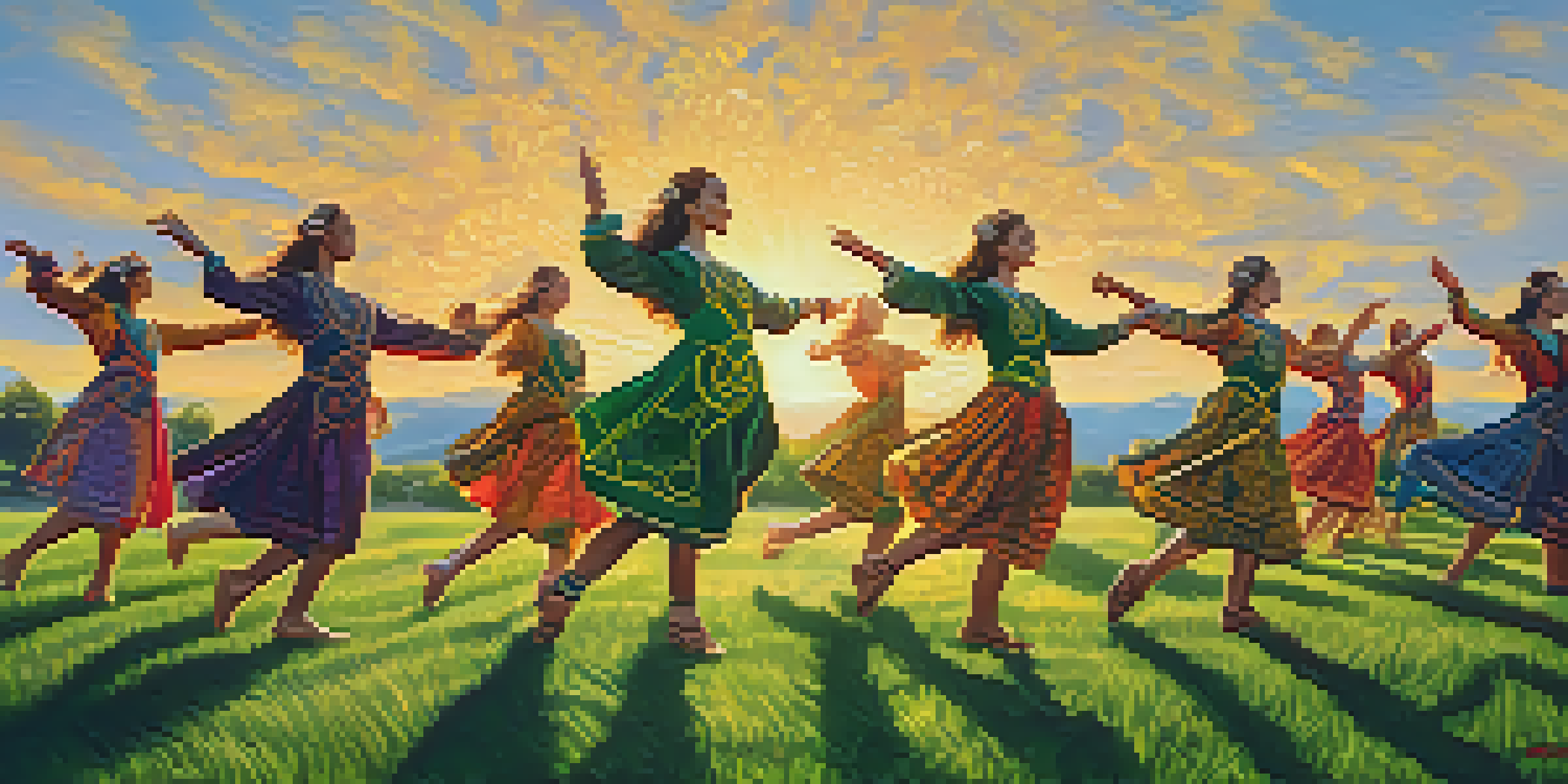 Celtic dancers in traditional attire performing in a green meadow during sunset, capturing the energy and cultural heritage of Celtic dance.