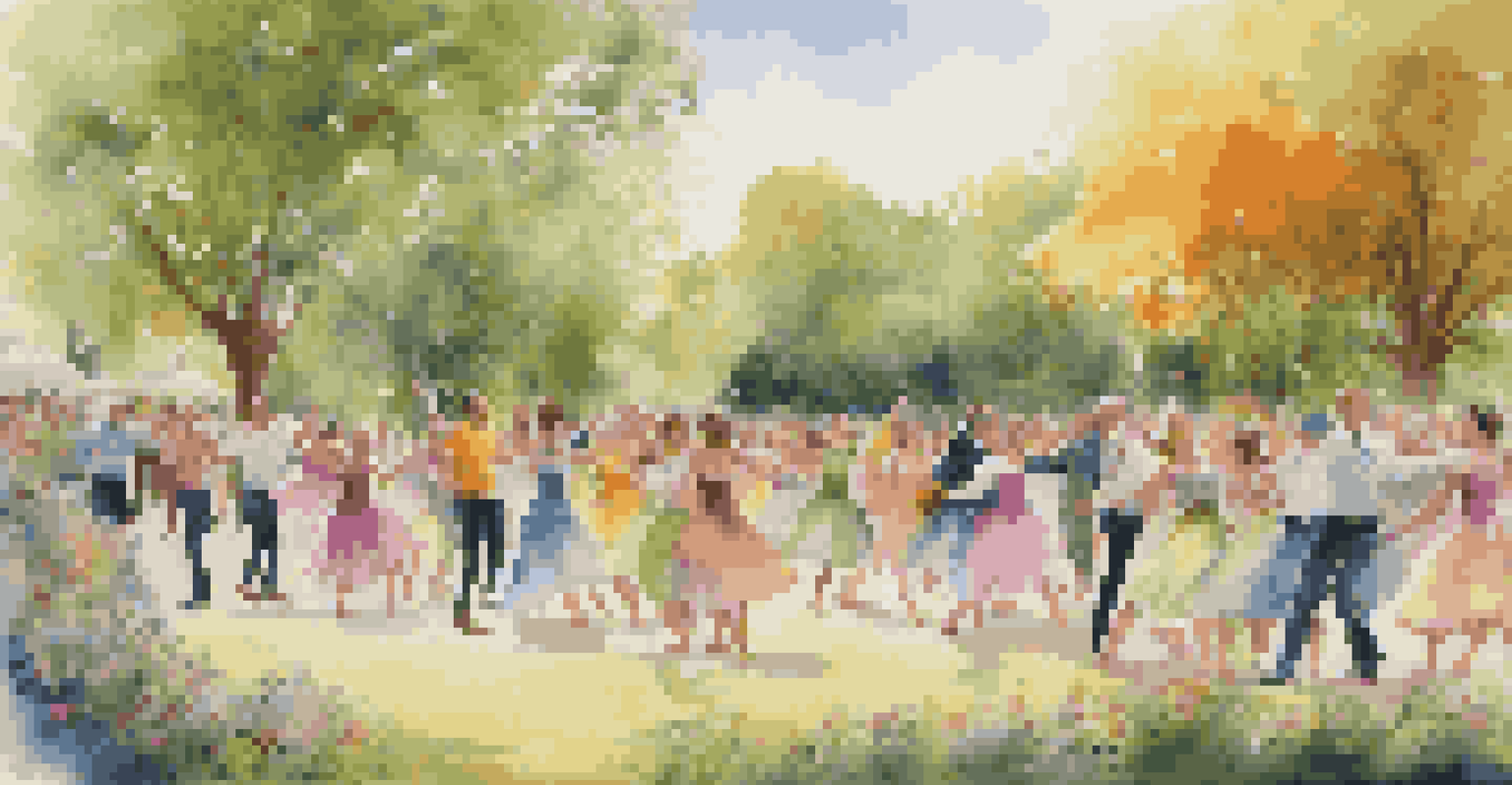 A group of dancers collaborating in a park, surrounded by greenery and flowers, with onlookers watching their spontaneous movements.