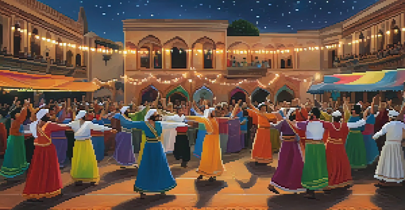 A vibrant Dabke dance performance with participants in colorful clothing, dancing in a line during a community celebration under a starry sky.