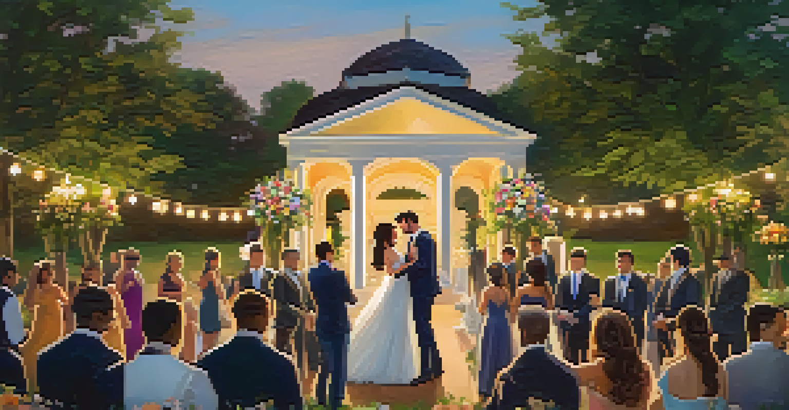 A couple dancing at an outdoor wedding ceremony, surrounded by colorful flowers and guests, illuminated by golden hour light.