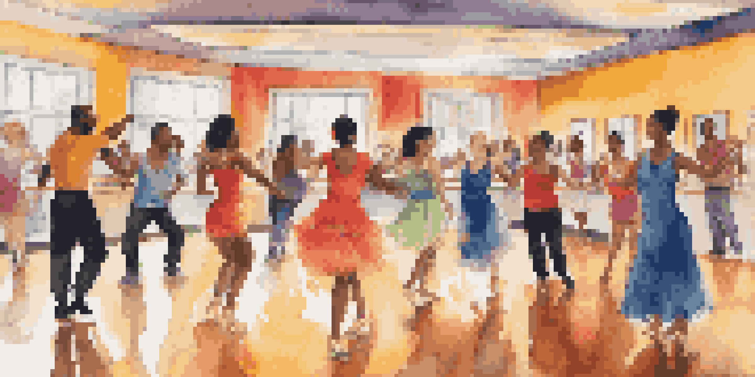 A lively dance class with diverse participants enjoying dance together in a colorful studio.