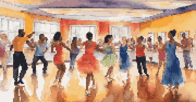 A lively dance class with diverse participants enjoying dance together in a colorful studio.