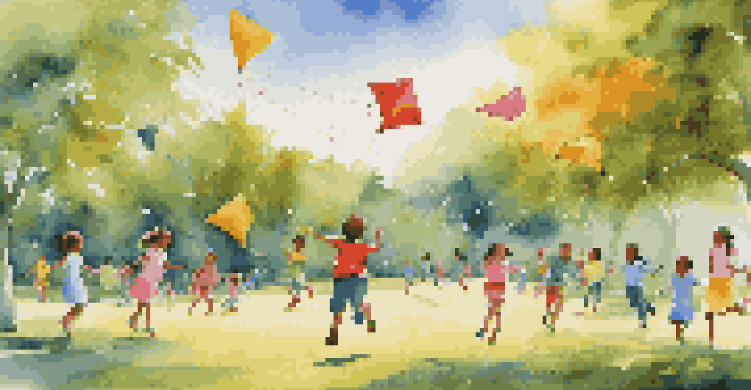 Children playing in a park, engaging in various activities like tag, jumping rope, and flying kites, with parents watching.