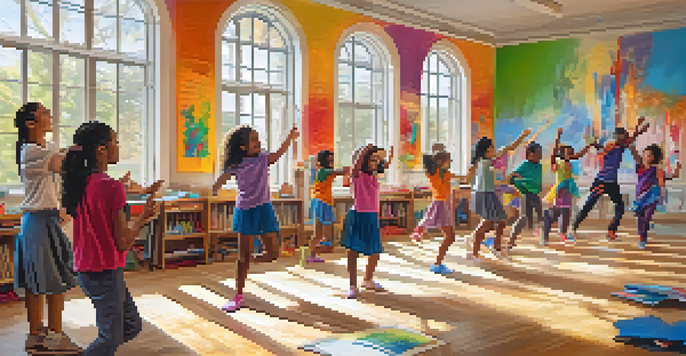 Students in a bright classroom creating art and dancing, showing joy and collaboration.