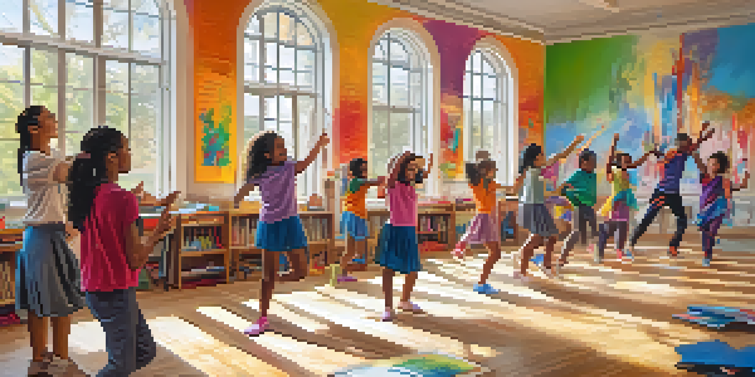 Students in a bright classroom creating art and dancing, showing joy and collaboration.