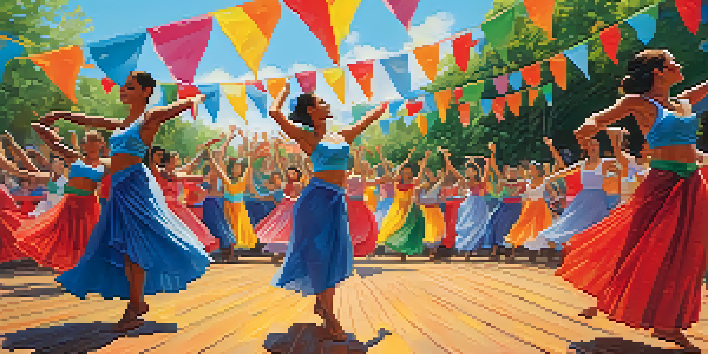 A lively dance festival with diverse dancers performing on stage, surrounded by colorful banners and an enthusiastic audience in a sunny outdoor setting.