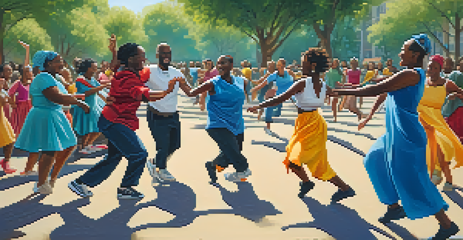 A diverse group of participants in an urban park engaging in an African dance workshop, learning and smiling together under a clear sky.