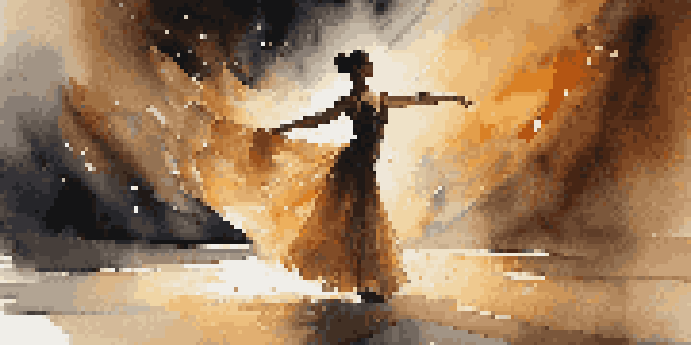 A dancer in a sparkling costume performing on stage, surrounded by warm lighting and abstract shadows.