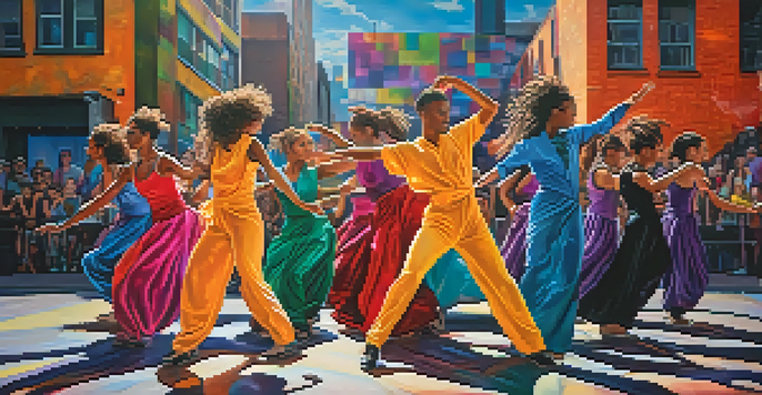 A vibrant urban dance performance showcasing diverse dancers in colorful costumes, illuminated by dynamic stage lights against a graffiti wall.