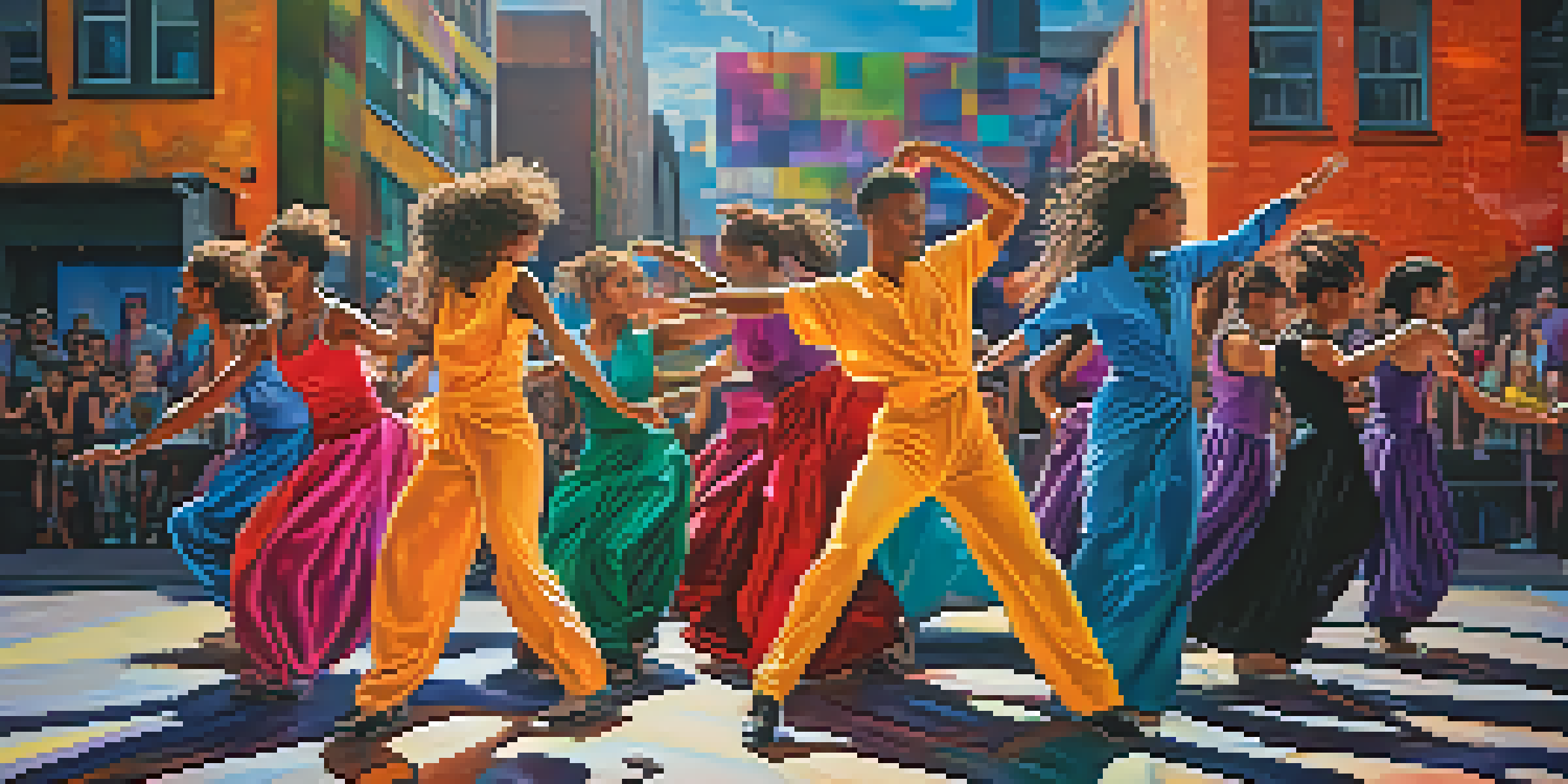 A vibrant urban dance performance showcasing diverse dancers in colorful costumes, illuminated by dynamic stage lights against a graffiti wall.