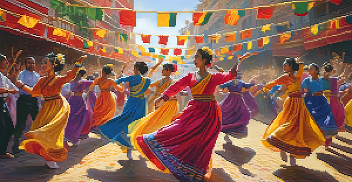 A lively dance festival with dancers in traditional costumes performing, surrounded by a colorful audience and decorations under warm sunlight.