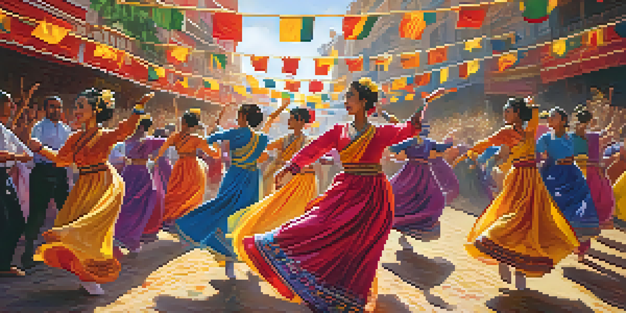 A lively dance festival with dancers in traditional costumes performing, surrounded by a colorful audience and decorations under warm sunlight.