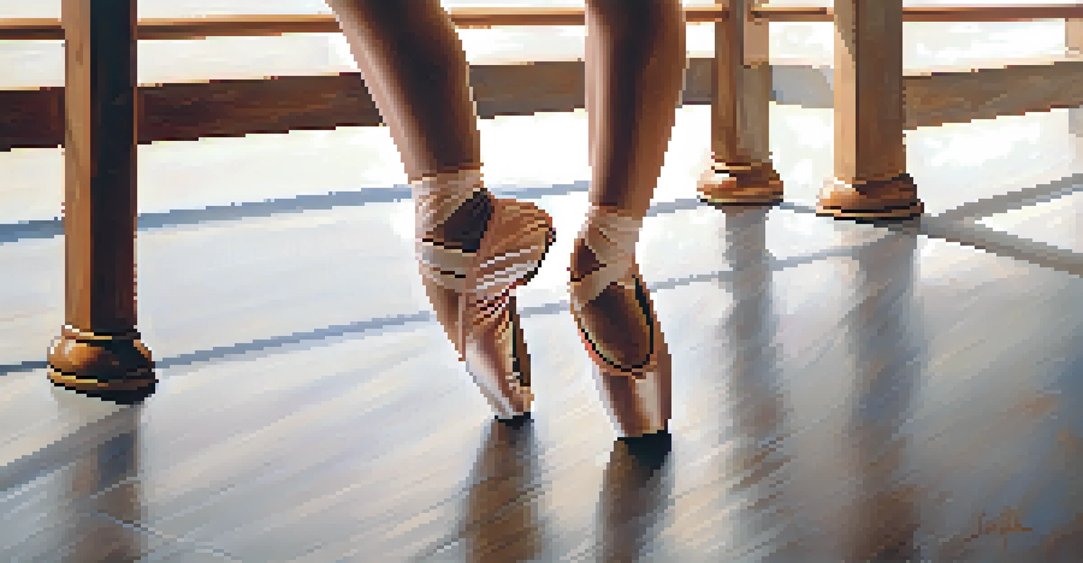 A close-up view of a young dancer's feet in ballet shoes, showcasing grace and discipline on a wooden dance studio floor.