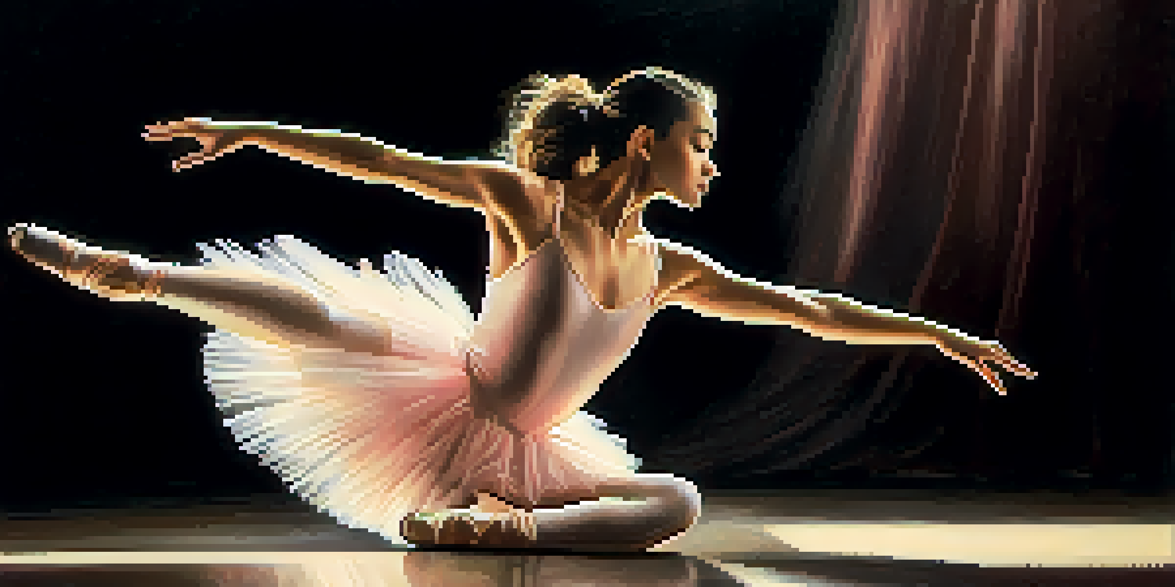 A ballet dancer in a light pink tutu performing an elegant pose on stage, illuminated by soft spotlight.