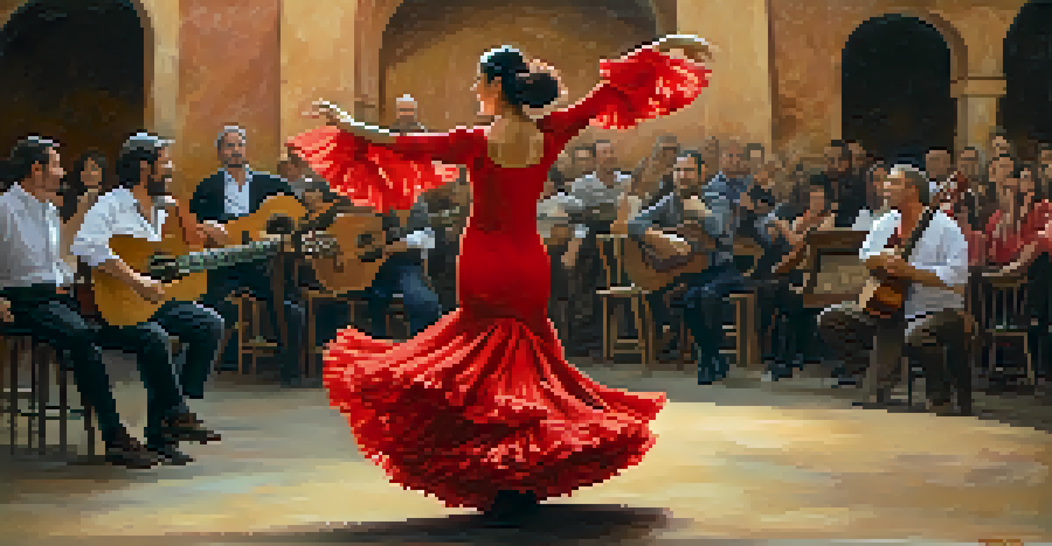 A flamenco dancer in a vibrant red dress performing passionately in a rustic Spanish setting.