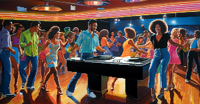 A lively nightclub scene in Chicago during the 1970s, with dancers enjoying House Dance amidst colorful disco lights.