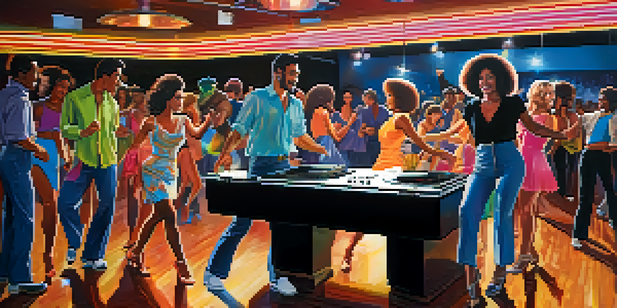 A lively nightclub scene in Chicago during the 1970s, with dancers enjoying House Dance amidst colorful disco lights.