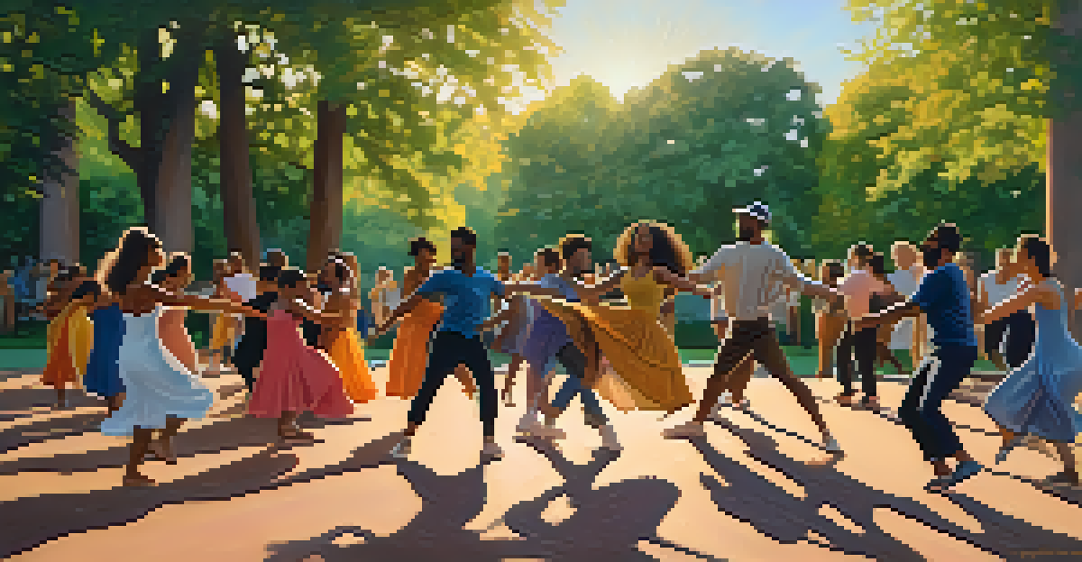 A diverse group of dancers in an outdoor park, engaged in contact improvisation, showcasing dynamic poses against a lush green background.