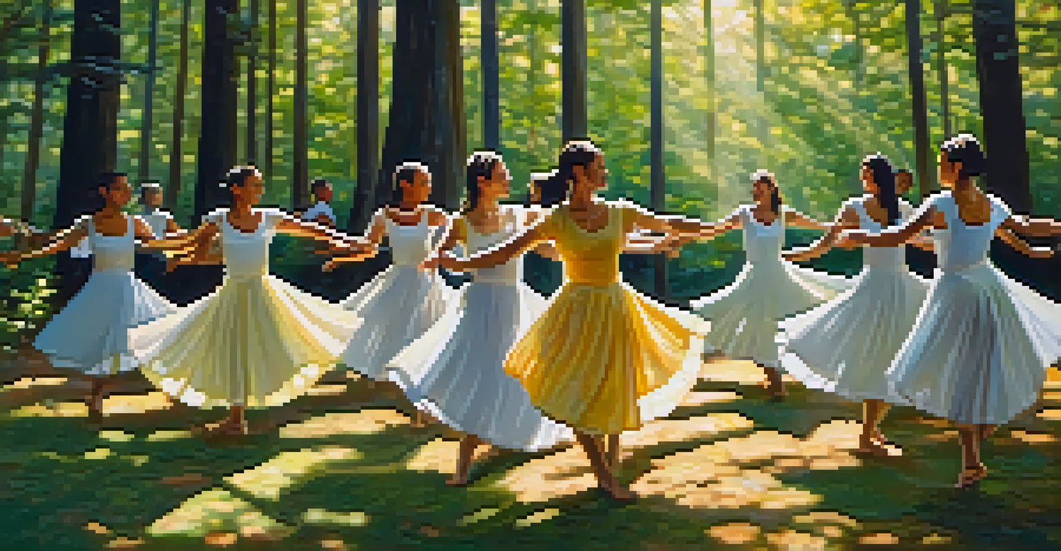 A group of dancers performing a Healing Dance in a forest, surrounded by trees and soft sunlight, wearing natural-themed garments.