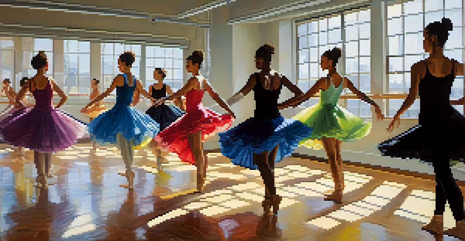 A group of dancers in a rehearsal studio, wearing various modern dance outfits in a sunlit environment.