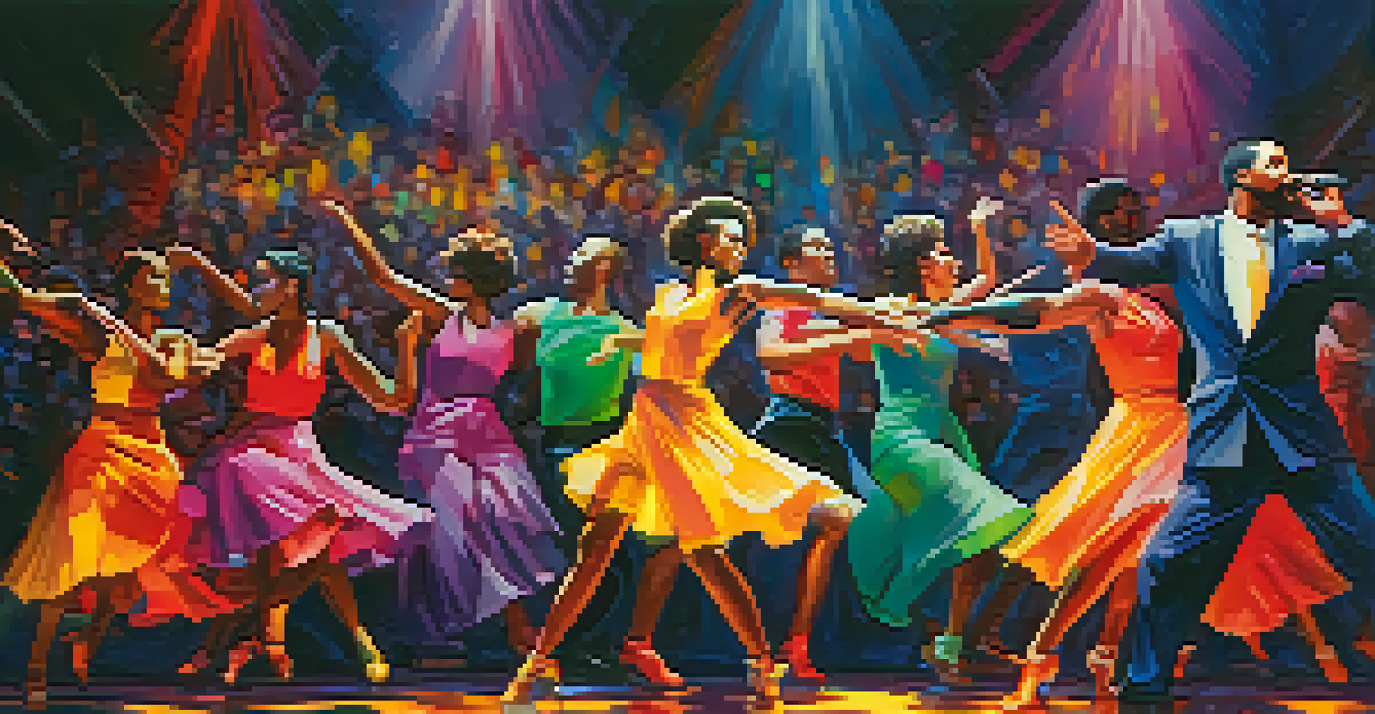 A group of jazz dancers performing energetically on stage with colorful lights in the background.