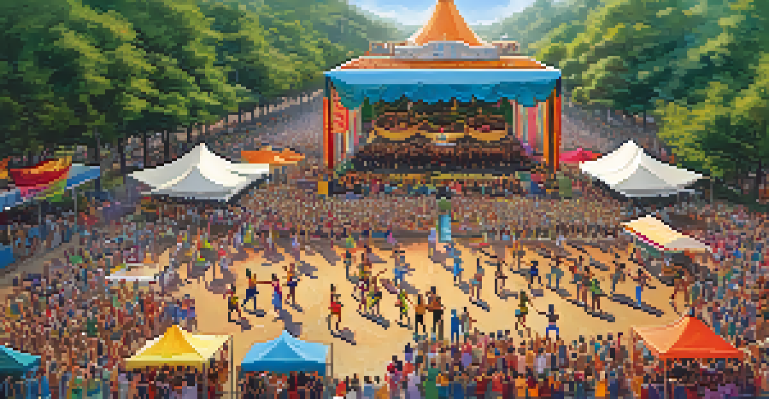 An aerial view of a colorful outdoor dance festival with diverse performers and a large crowd enjoying the festivities.