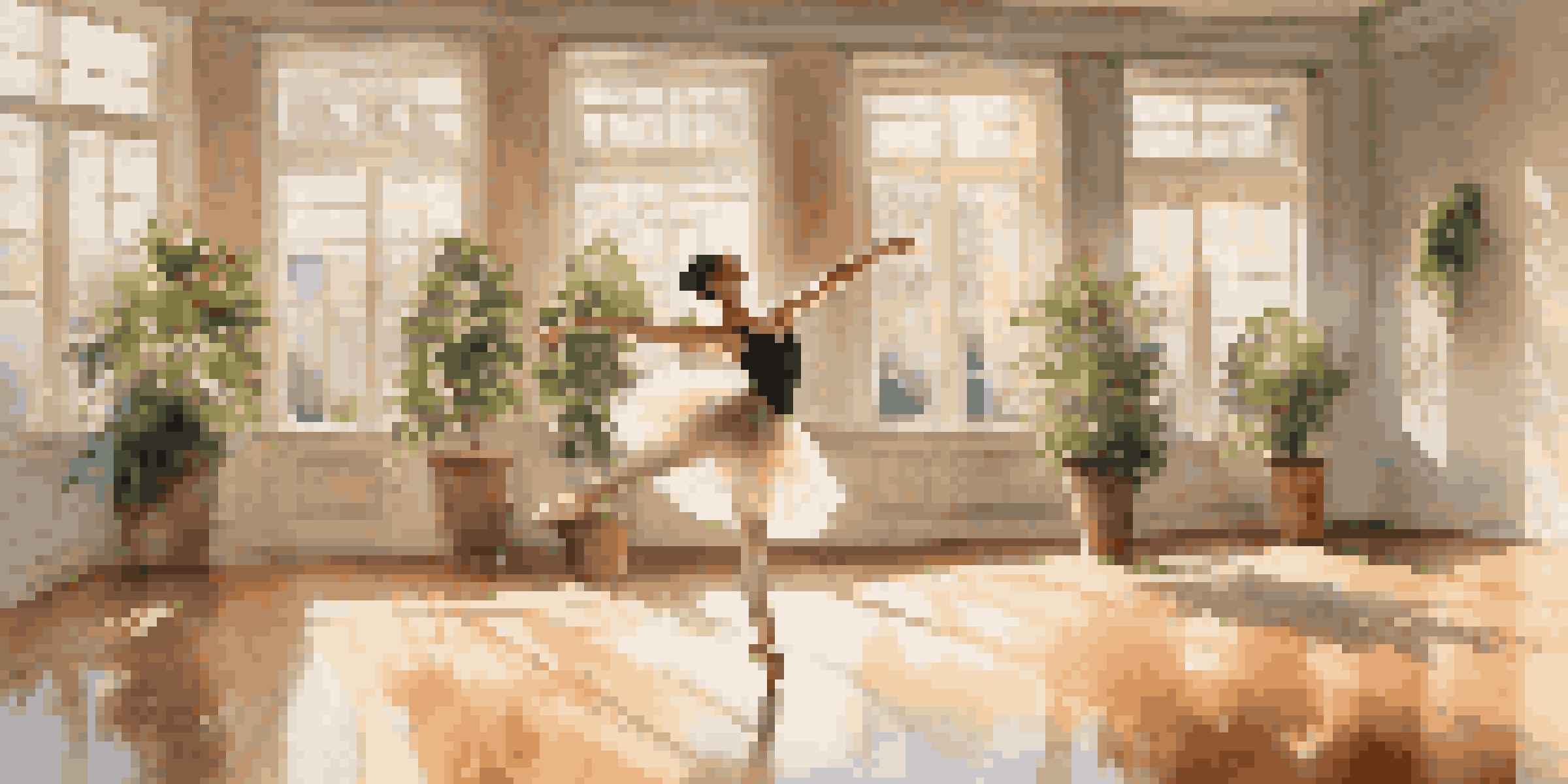 A ballet dancer performing a leap in a sunlit studio, with mirrors and potted plants in the background.
