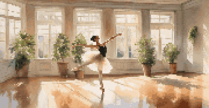 A ballet dancer performing a leap in a sunlit studio, with mirrors and potted plants in the background.